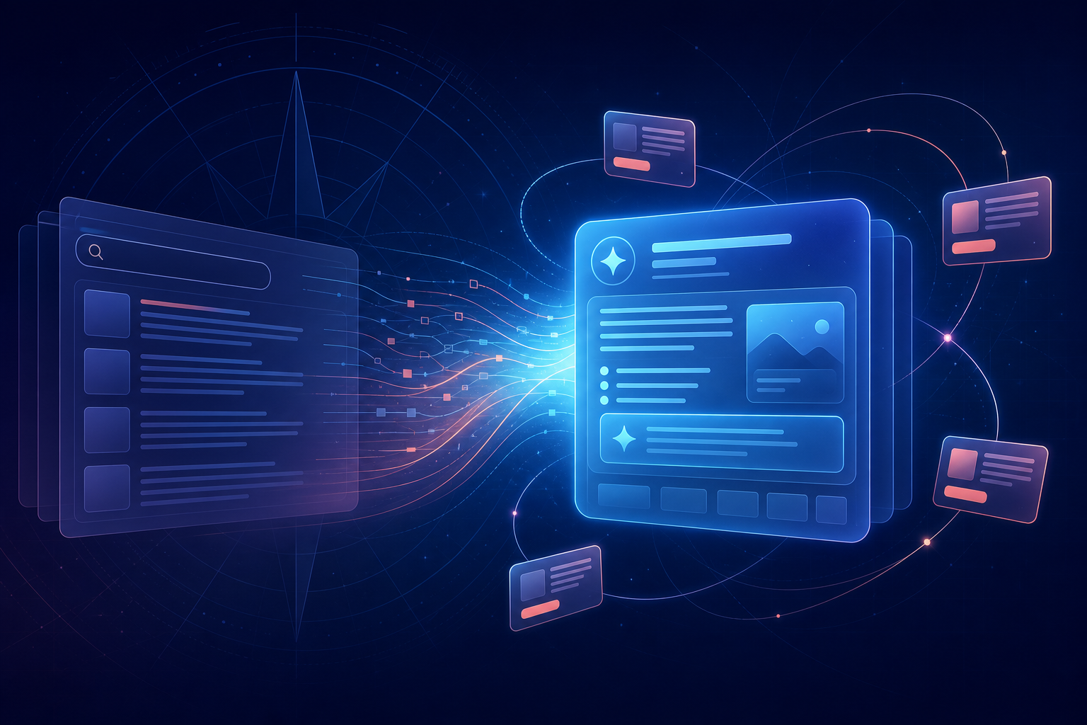 A futuristic search page transforming into an AI answer panel with advertising cards orbiting around it